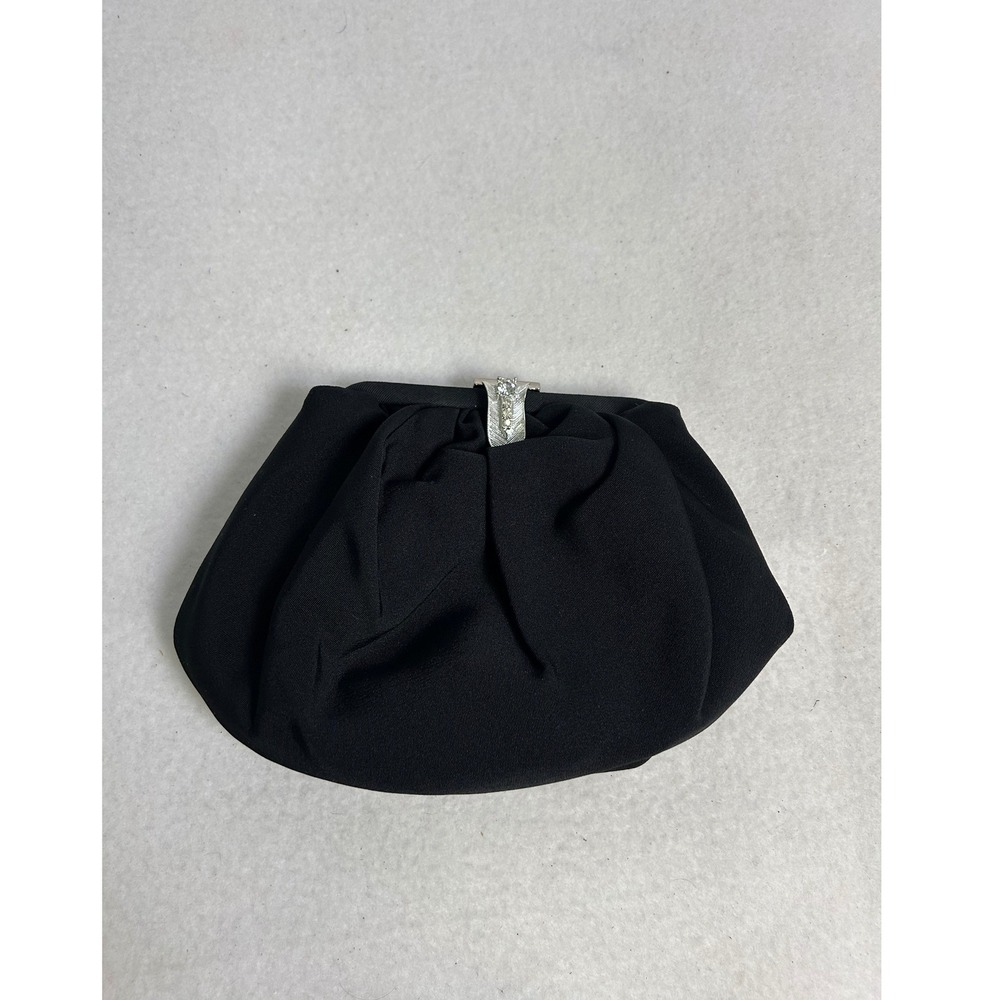 Vintage Glam Womens Small Black Pleated Rhinestone Clasp Evening Clutch